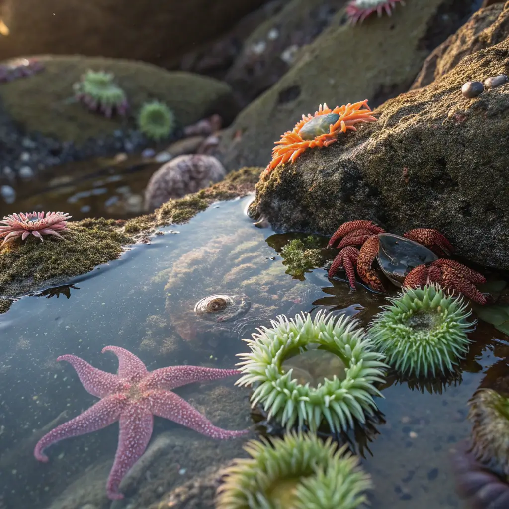 Close-up of a tidepool ecosystem with crabs, sea anemones and starfish on wet rocks during low tide in soft morning light