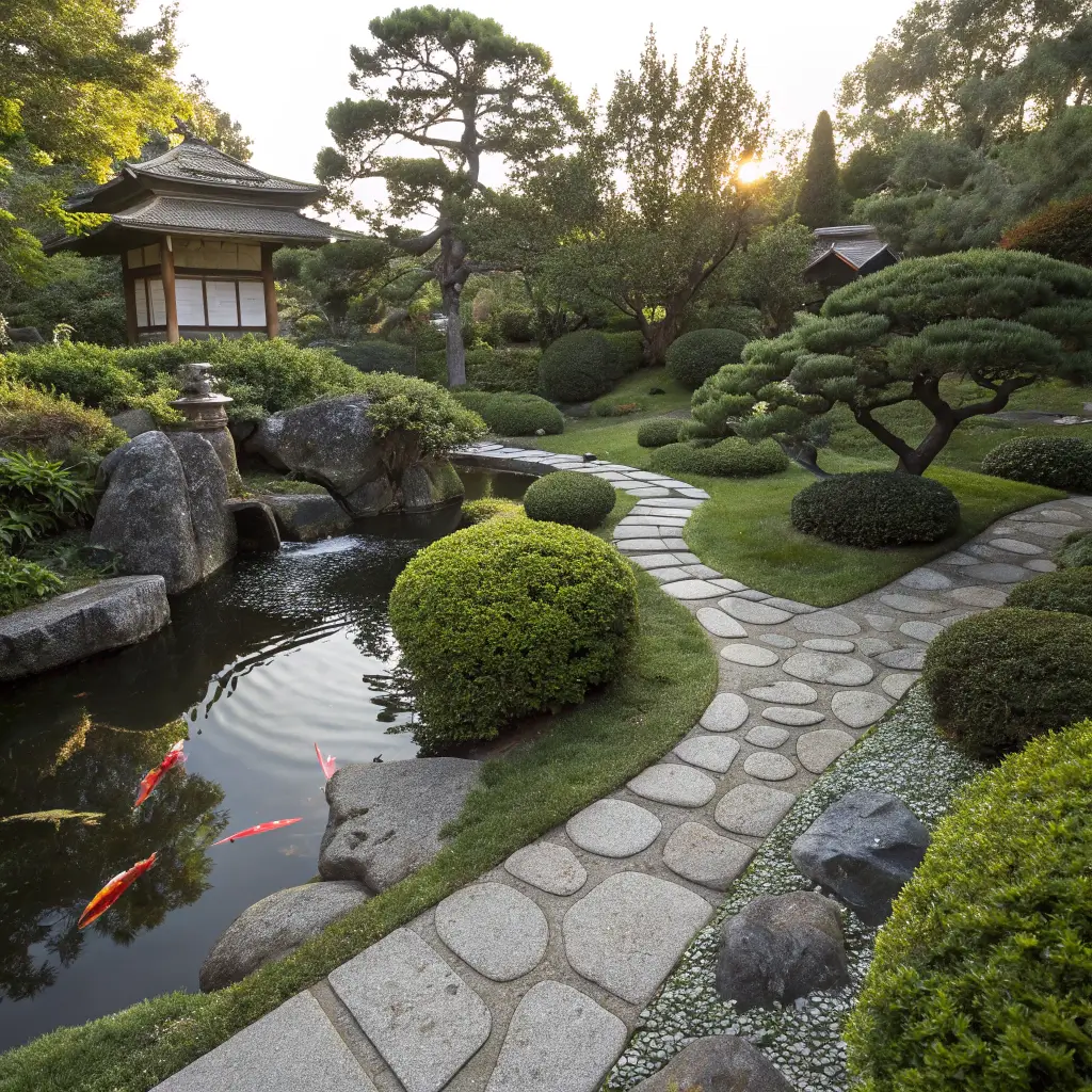 Morning scene of a peaceful Japanese Friendship Garden with a stone pathway, a koi pond, Japanese maple trees, and carefully positioned rocks
