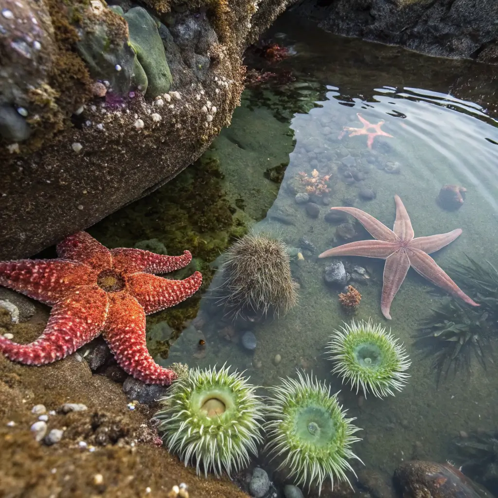 Close-up underwater view of Treasure Island Beach tide pool with starfish, sea anemones, crabs and rocky textures illuminated by soft light