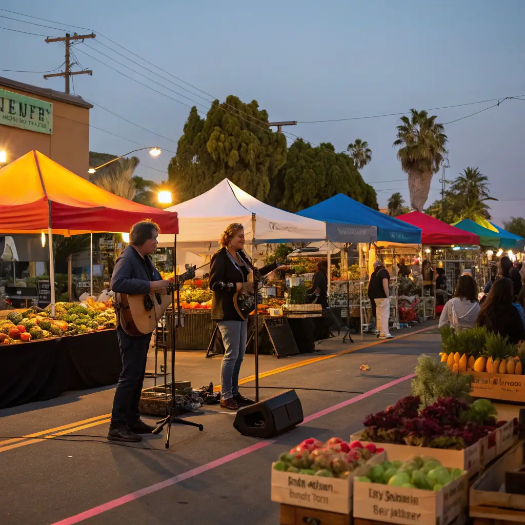 Local musicians performing at Tuesday Night Market, community members socializing, and fresh produce stalls under warm evening lightning, in California