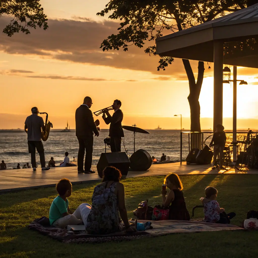 Local jazz ensemble performing at twilight in Esaplanade Park, families relaxing, children dancing, ocean waves in the backdrop