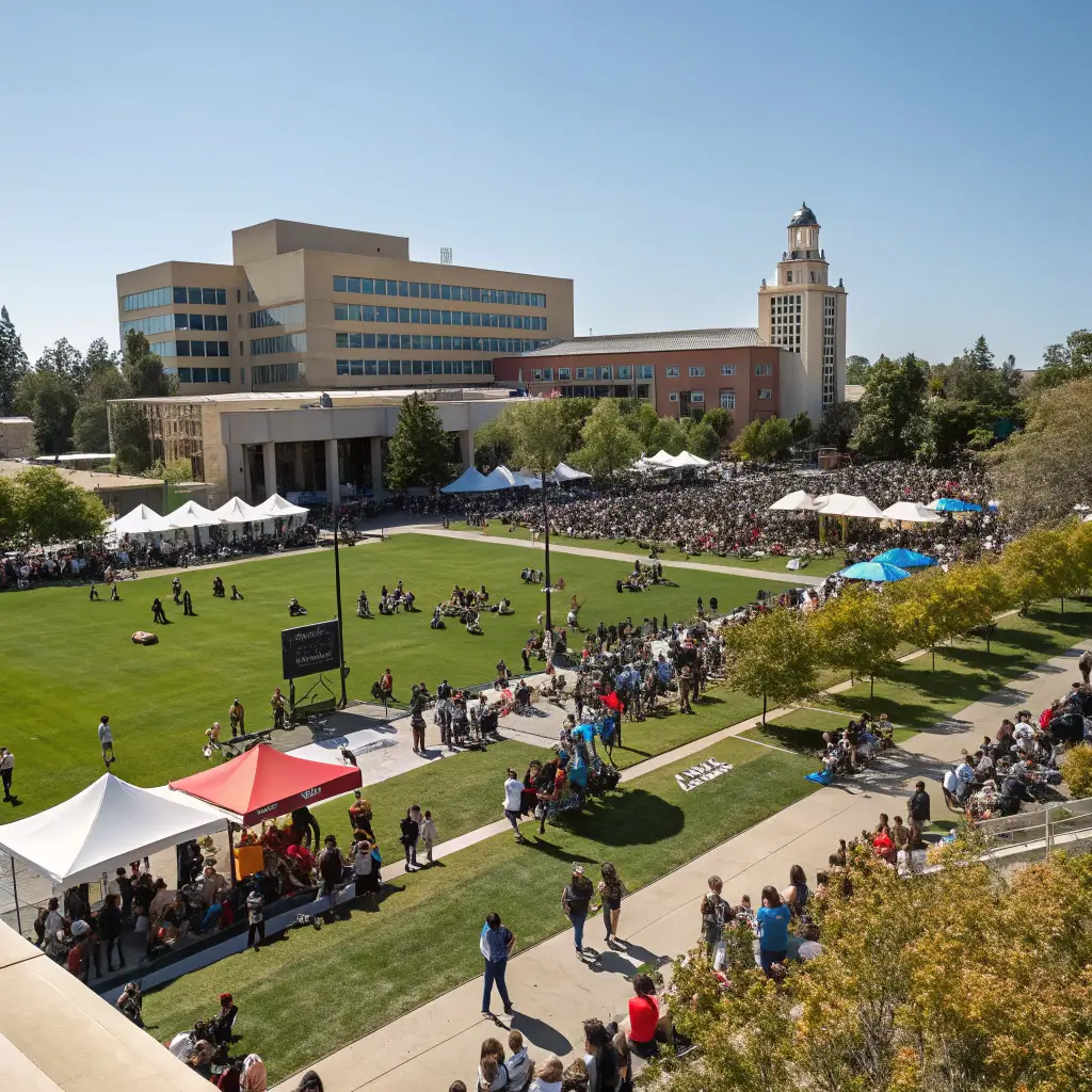 Free Things to Do in Davis: A Budget-Friendly Adventure Guide Wide panorama of UC Davis Picnic Day event featuring diverse crowds, student performances, various activity zones, campus architecture, and festive community spirit on a sunny California day