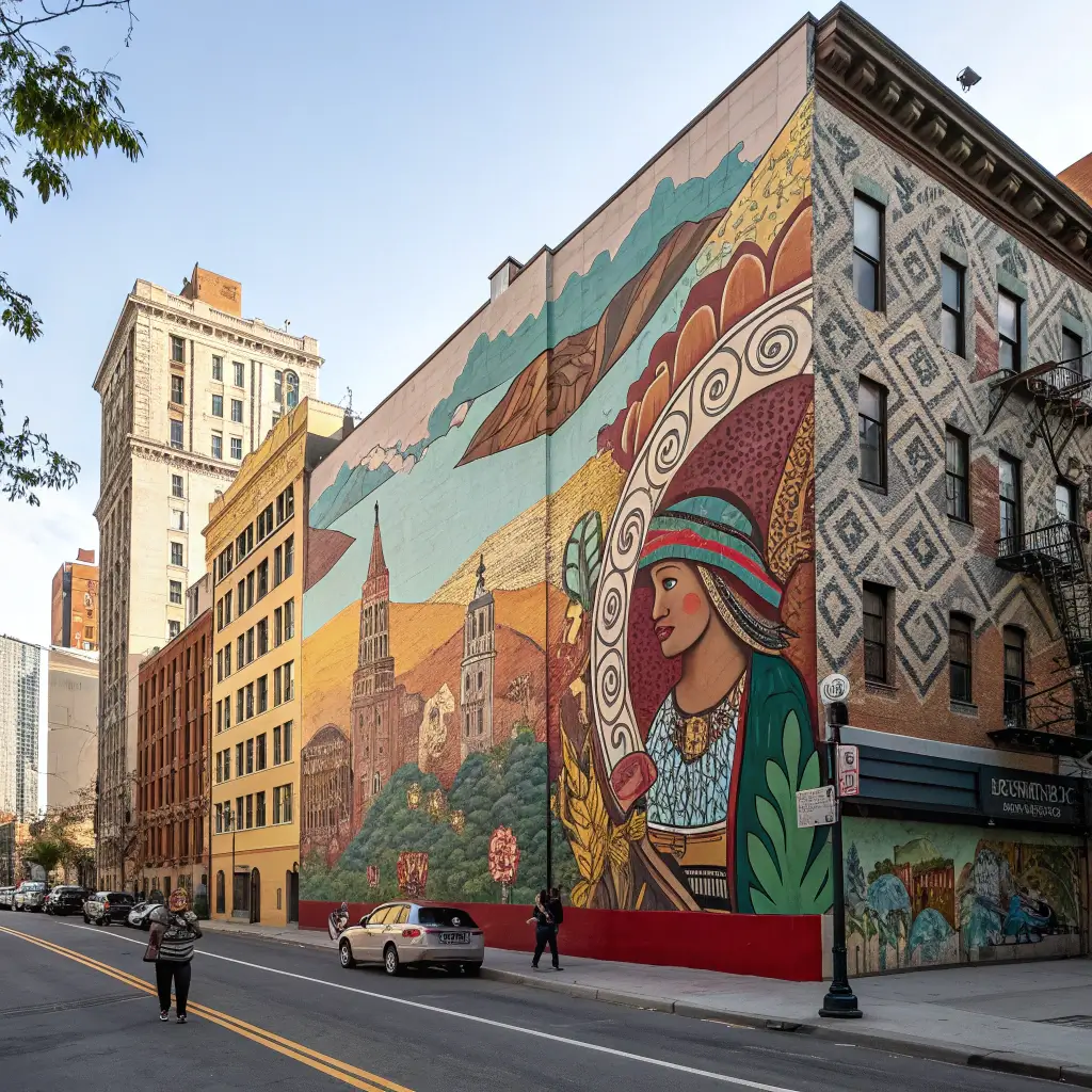 Colorful large-scale street mural with cultural imagery on a building wall in an urban landscape under bright daylight