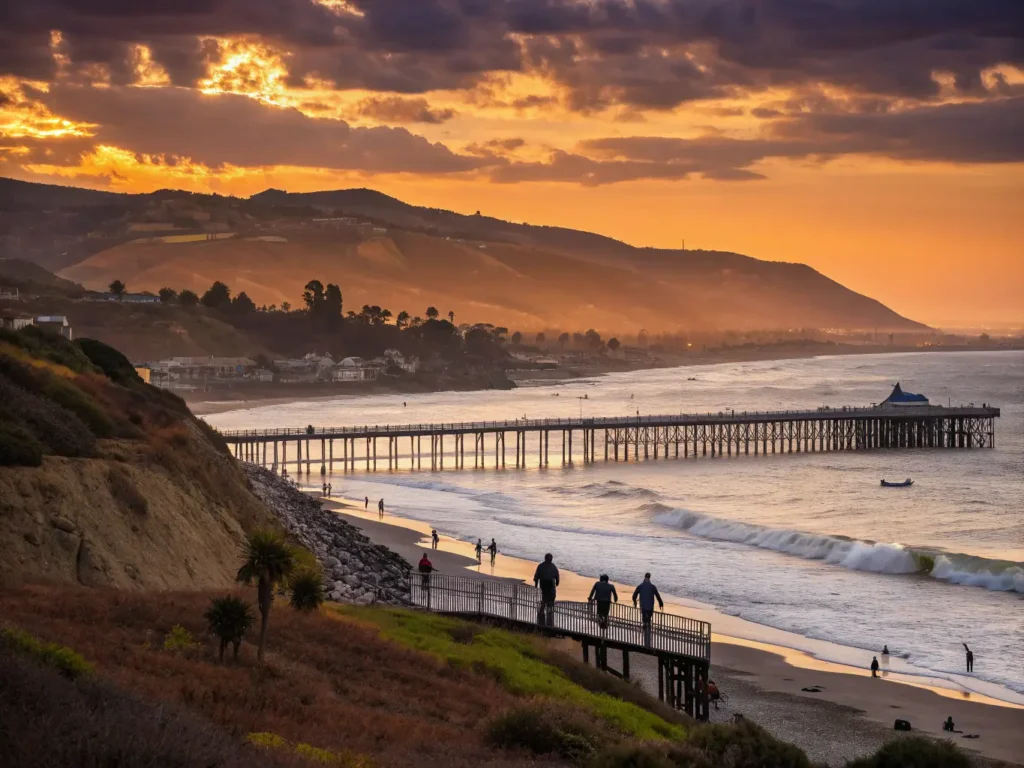 "Golden hour sunset over Ventura's coastline featuring silhouettes of beachgoers and surfers, the historic Ventura Pier, rugged hillsides of Ventura Botanical Gardens, and vibrant sunset colors reflecting off the Pacific Ocean waves"