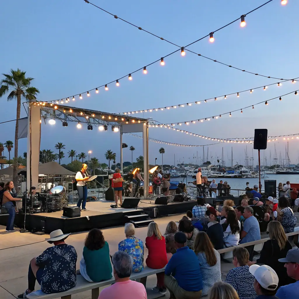 Diverse crowd enjoying a free summer concert at Ventura Harbor under twinkling fairy lights and a soft blue evening sky