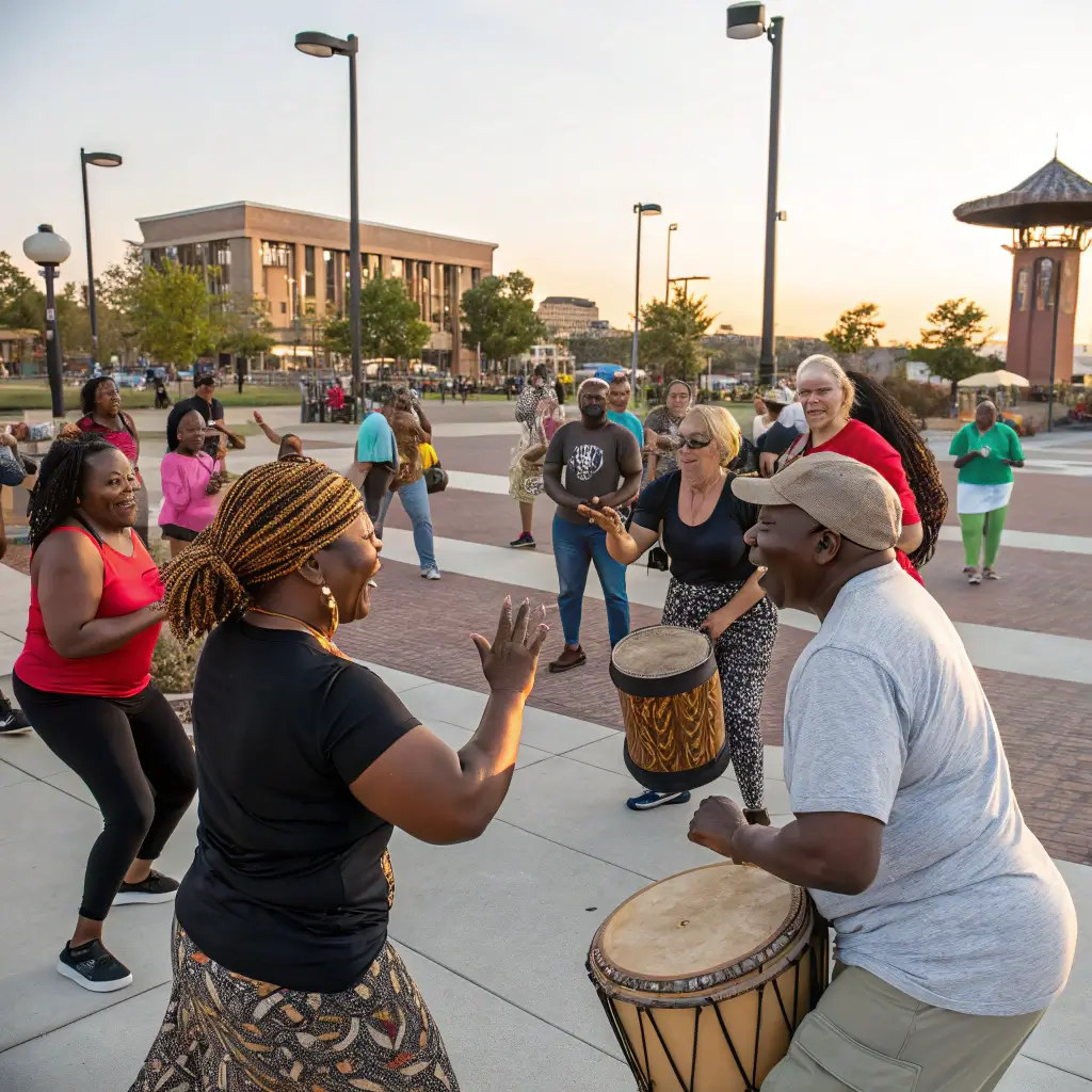 Hidden Paradise: 17 Mind-Blowing Free Adventures in Avalon You Can't Miss Diverse community participating in a vibrant drum circle at Veterans Plaza, Avalon's architecture subtly visible, in the sunny late afternoon