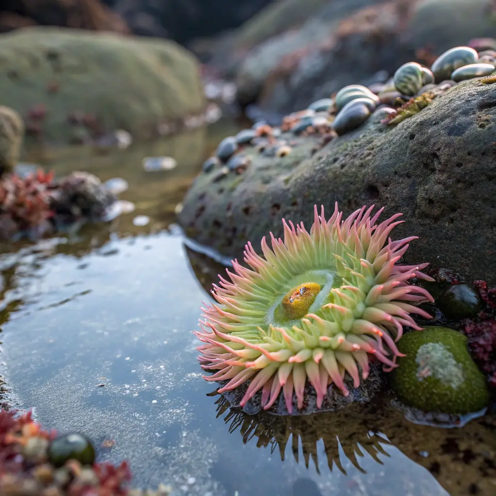 Macro nature photography of a vibrant sea anemone in a tide pool, surrounded by tiny marine life on wet, glistening rocks, showcasing a miniature ecosystem's intricate textures and subtle colors.