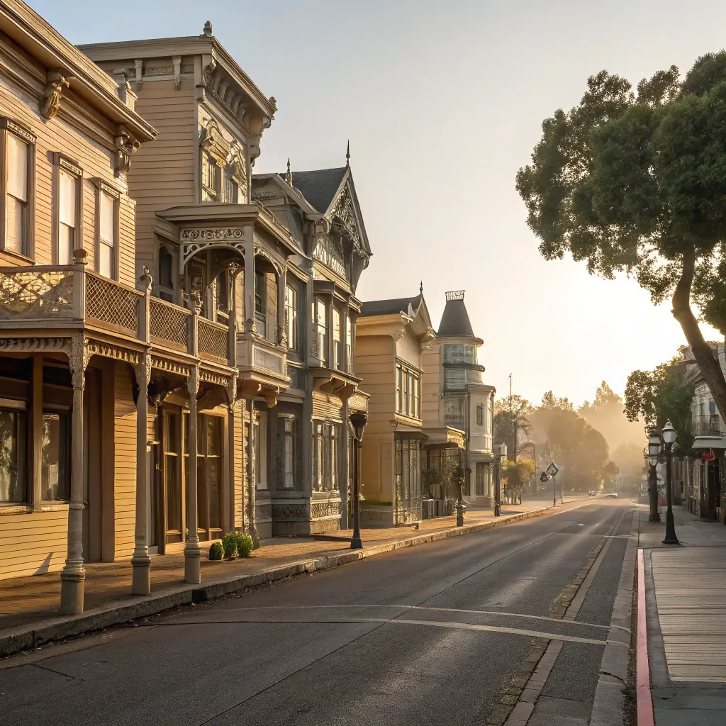 Victorian-era street in Old Town Eureka with intricate wooden architectural details on historic buildings, bathed in soft morning light casting long shadows, portraying an authentic 19th-century urban landscape with no modern elements