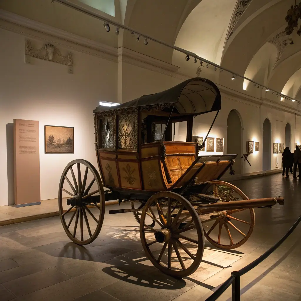 Vintage wooden carriage in a softly lit museum gallery showcasing intricate wheel and leather harness details, dramatic shadows cast by gentle lighting, in a people-free, neutral-toned interior