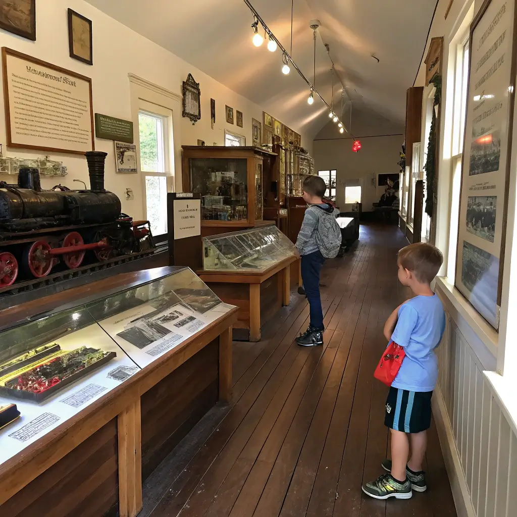 Children exploring vintage train models and interactive exhibits in a narrow gauge railroad museum with wooden floors, detailed historical artifacts, and soft natural lighting