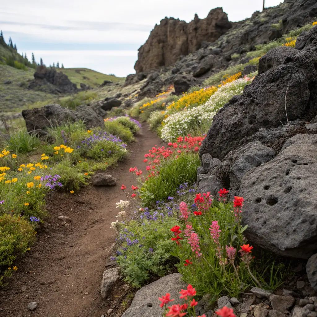 12 Jaw-Dropping Free Adventures in Calistoga That Will Blow Your Mind (Without Blowing Your Budget) Close-up of colorful wildflowers and volcanic rock formations on a hiking trail in soft natural lighting, showcasing intricate geological details and spring landscape textures
