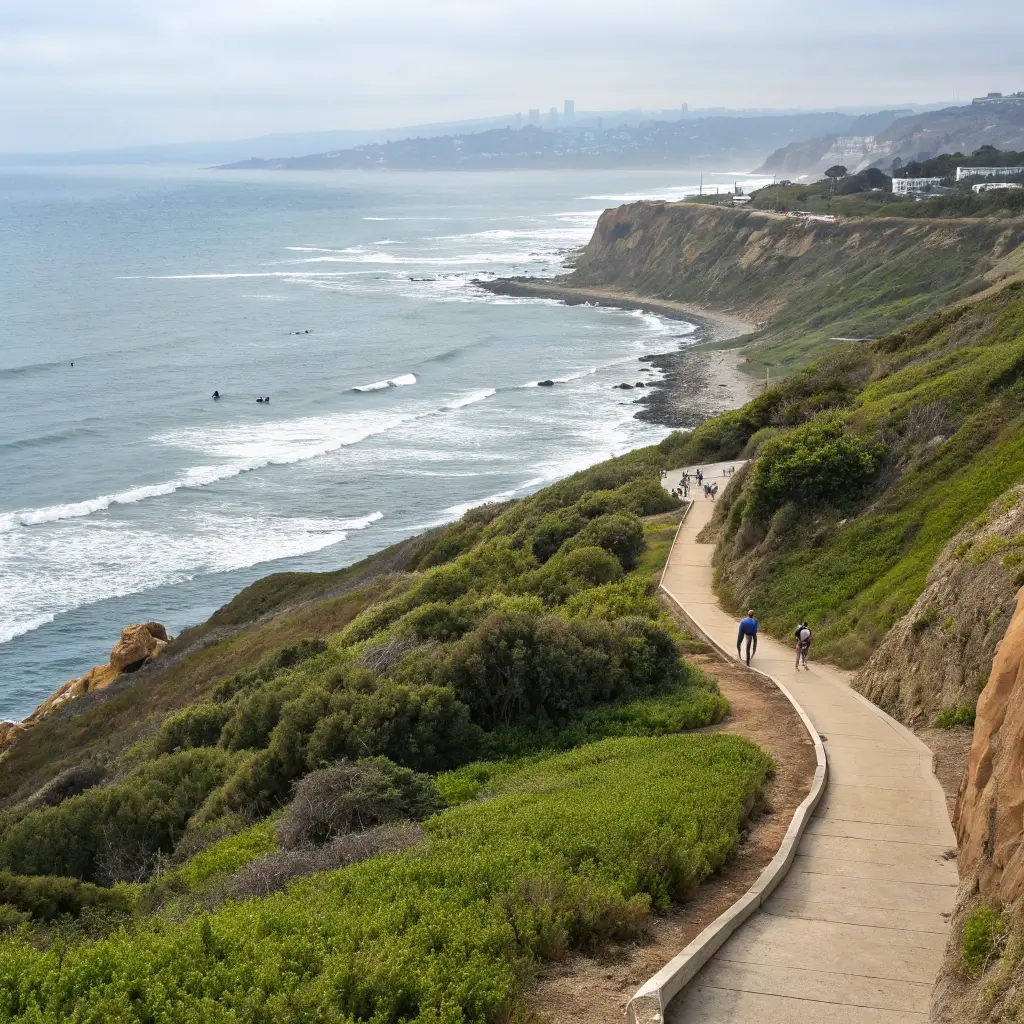 Winding trail along West Cliff Drive coastal path with rugged cliffs, expansive Pacific Ocean views, distant surfers, and native vegetation
