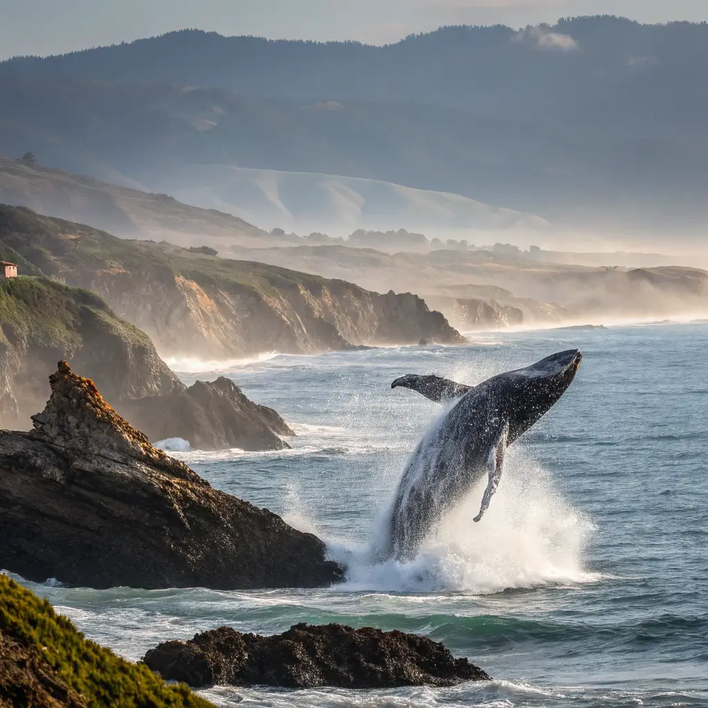 Majestic whale breaching near rugged coastline at Bodega Head, in Sonoma's marine ecosystem