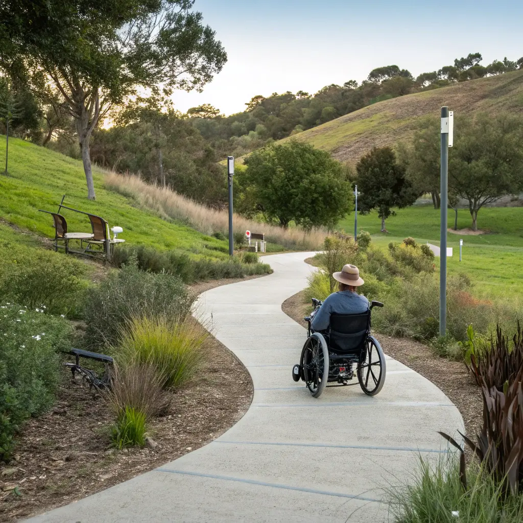 Exploring Redding's Hidden Treasures: Your Ultimate Free Adventure Guide Wheelchair-accessible nature trail in a park with adaptive recreation elements, surrounded by native plants and gentle terrain, under soft natural light, depicting inclusivity and thoughtful design