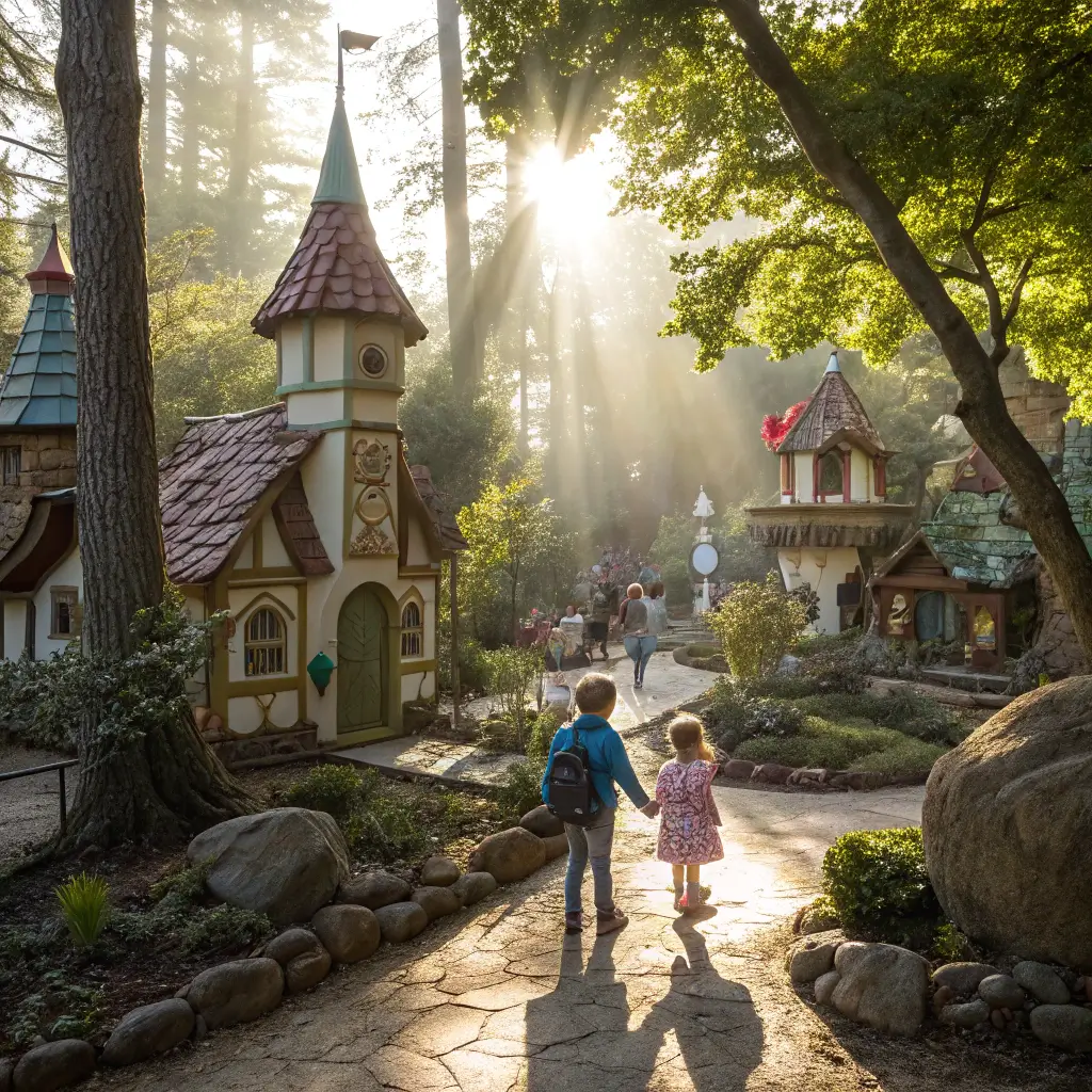 Children exploring storybook-themed structures in Fairytale Town with sunlight filtering through trees, depicting whimsical childhood wonder