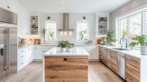 white and wood kitchen cabinets