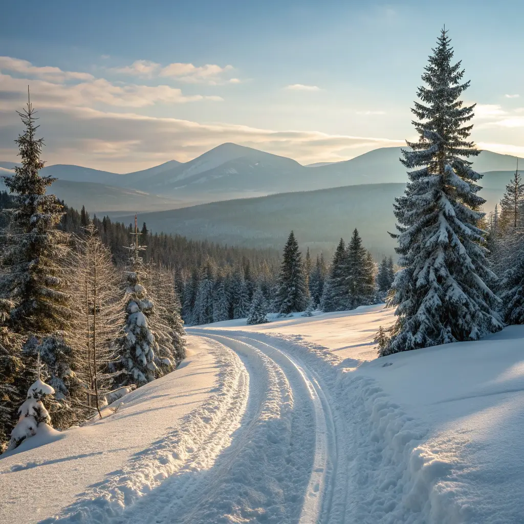 Snow-covered sledding trail through pine forest with distant mountain silhouettes in winter sunlight