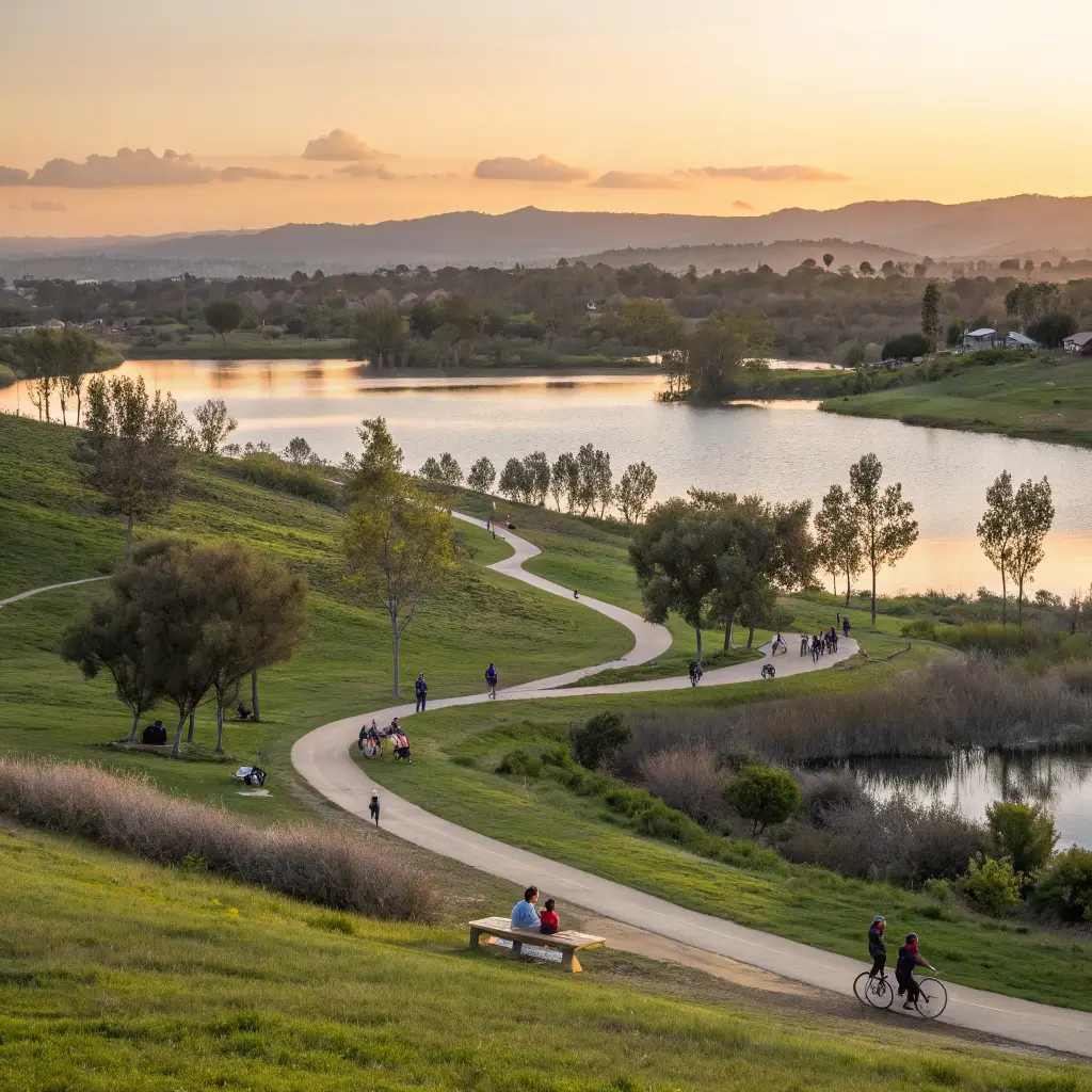 Golden hour at Yorba Regional Park with serene lakes reflecting sunlight, bike paths through lush greenery, and distant families at picnic areas