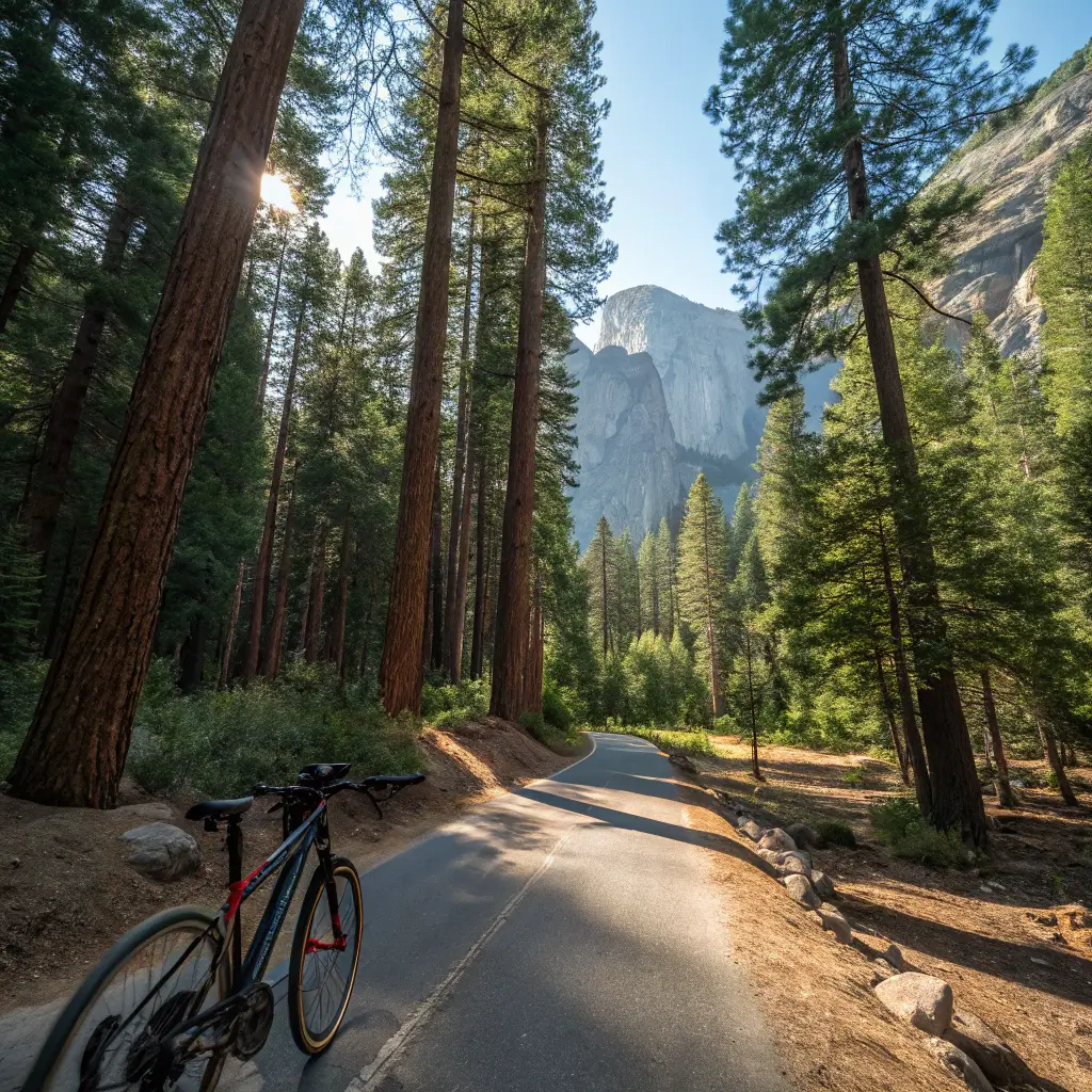 Cyclist's view of winding trail through Yosemite pine forest with scattered sunlight, granite rock formations and distant mountain peaks