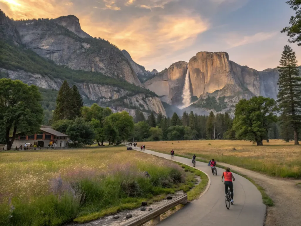 "Panoramic view of Yosemite Village at sunset featuring Half Dome, Yosemite Falls, hikers and cyclists on a bike path, wildflowers, deer, the Yosemite Museum among sequoias, with Native American cultural elements and people observing nature."