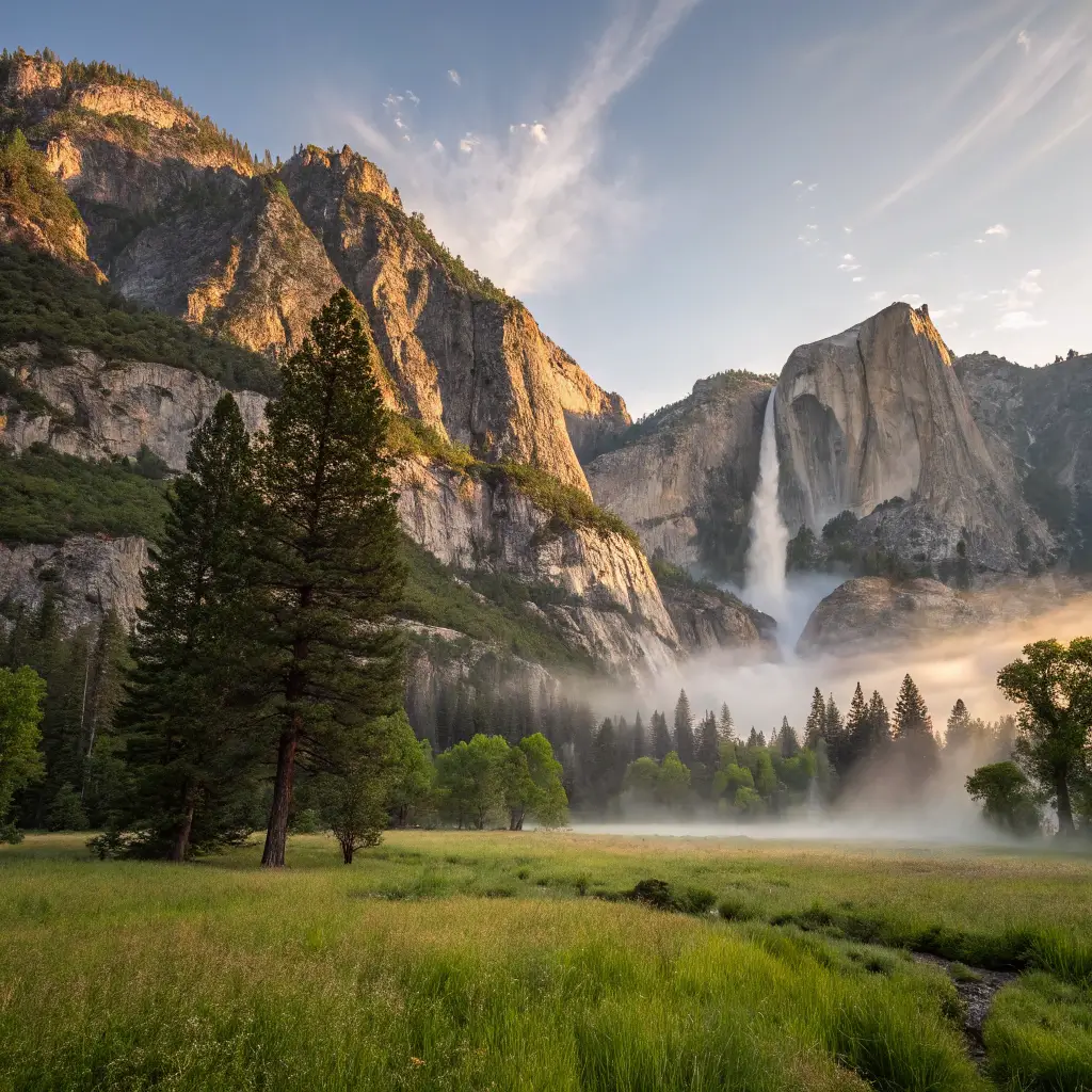 Sunrise over Yosemite Valley, highlighting misty Lower Yosemite Falls, lush green meadows, towering pine trees, and granite cliffs in golden morning light.