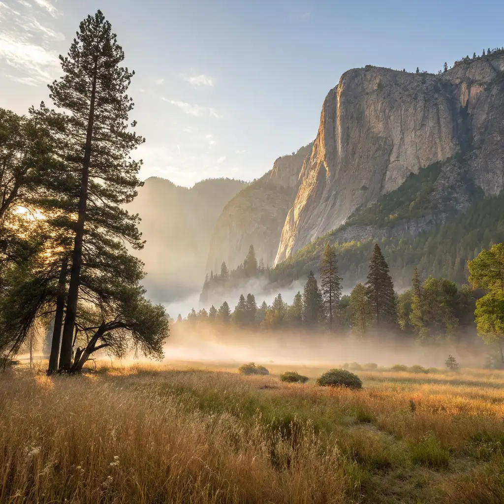 Sunrise at Yosemite Valley with golden light on cliffs and pine forests, mist over meadow grasses, depicting serene early morning with no human presence