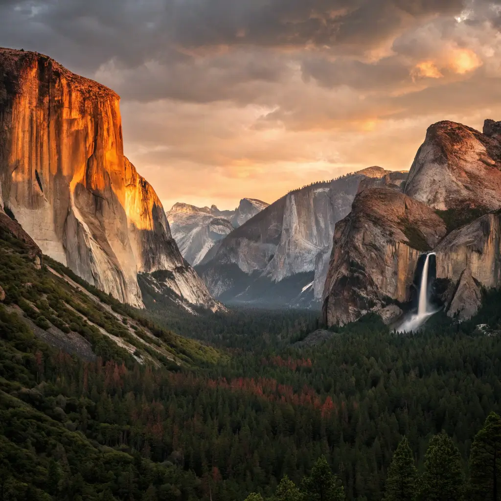 Dramatic golden hour shot of Tunnel View featuring El Capitan, Half Dome, and Bridalveil Fall with warm sunset colors and deep valley shadows