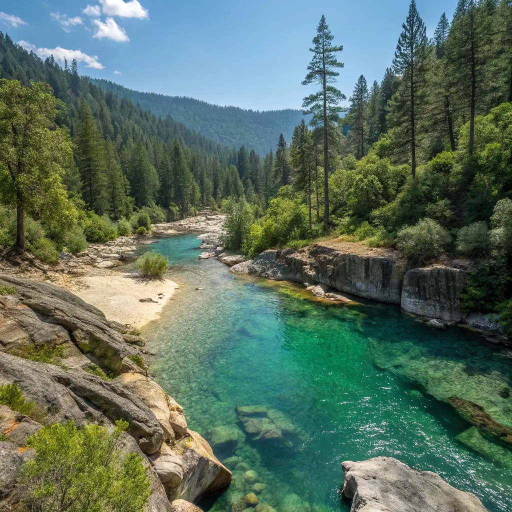Panoramic view of pristine Yuba River in California featuring turquoise water, granite rocks, natural swimming pools, and surrounding pine forest in bright summer daylight