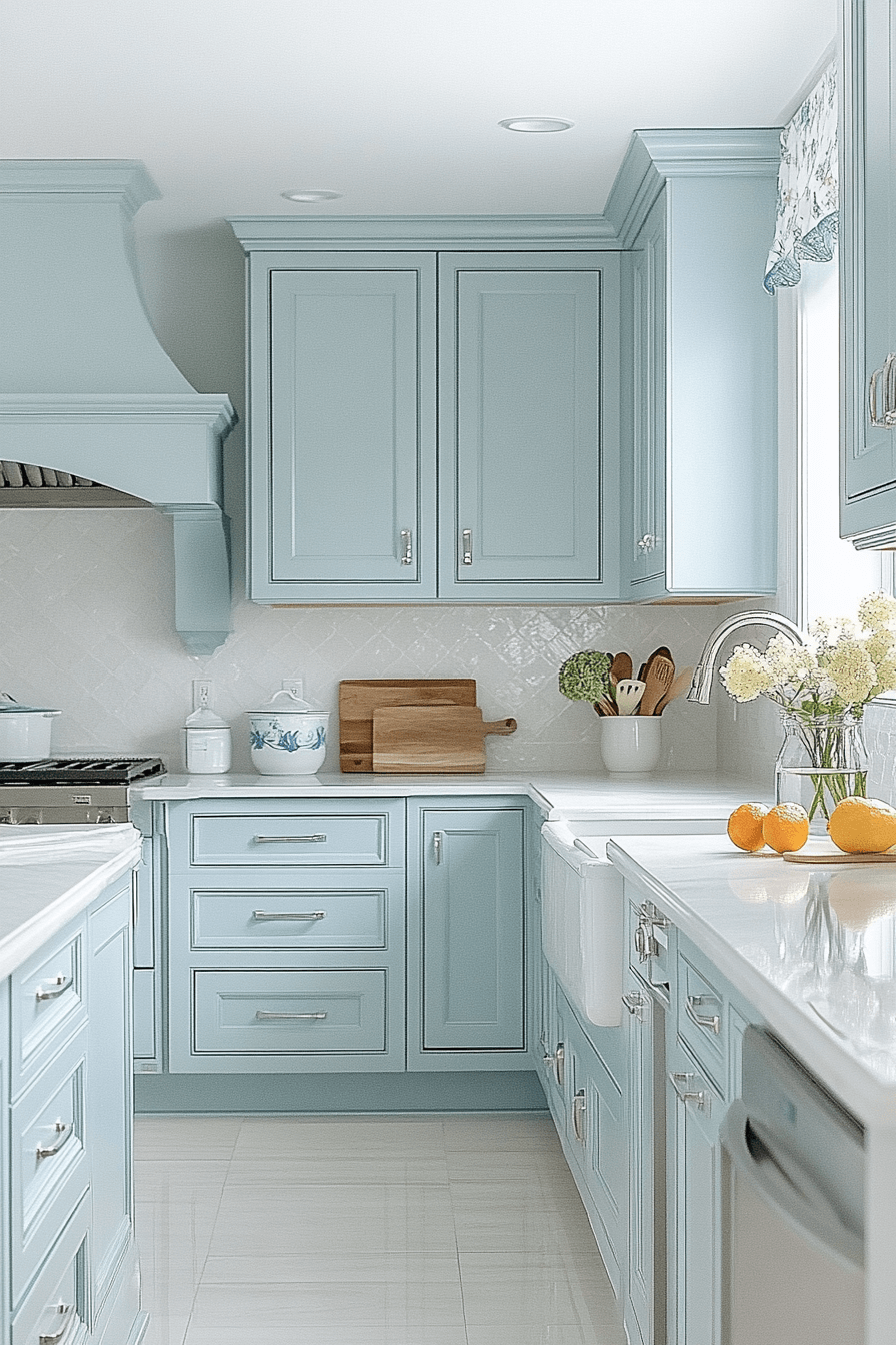 blue and white kitchen cabinets