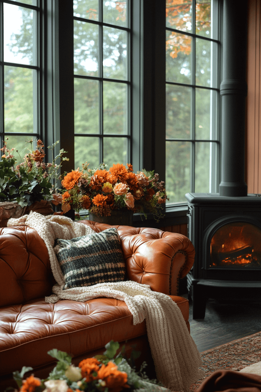 cognac couch living room ideas