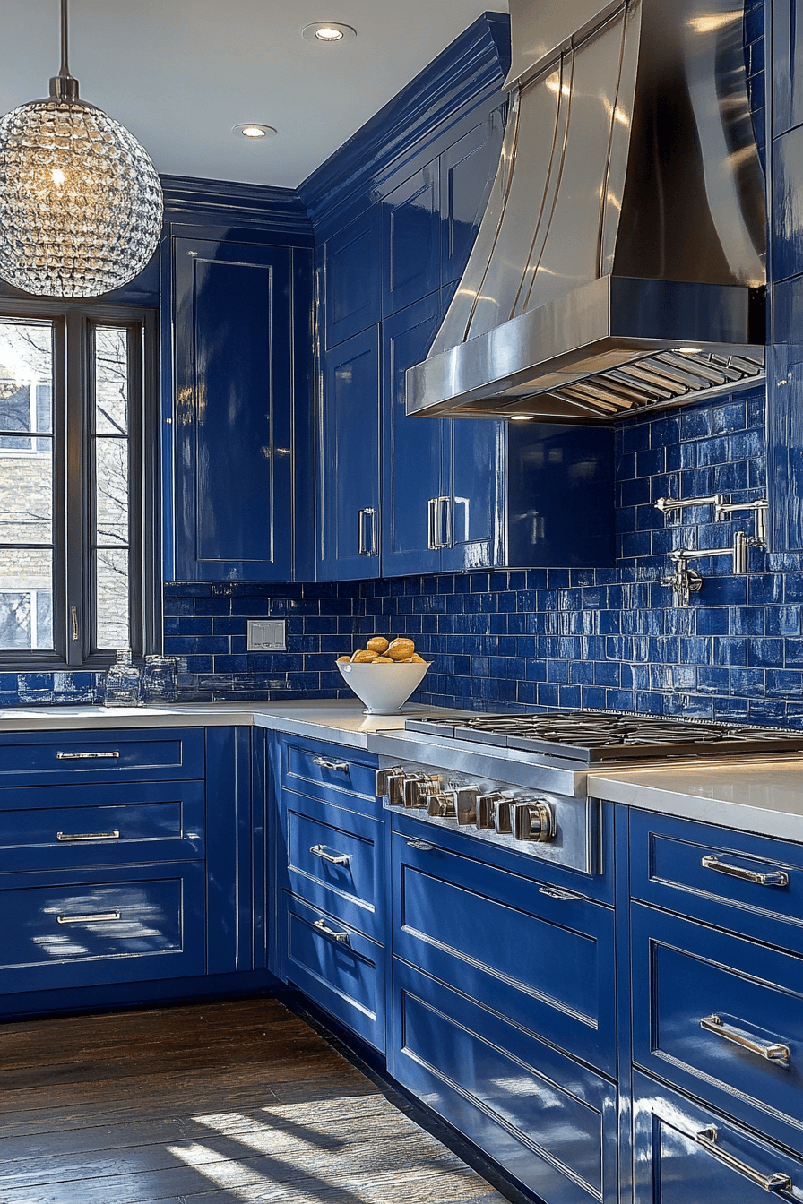 blue and white kitchen cabinets