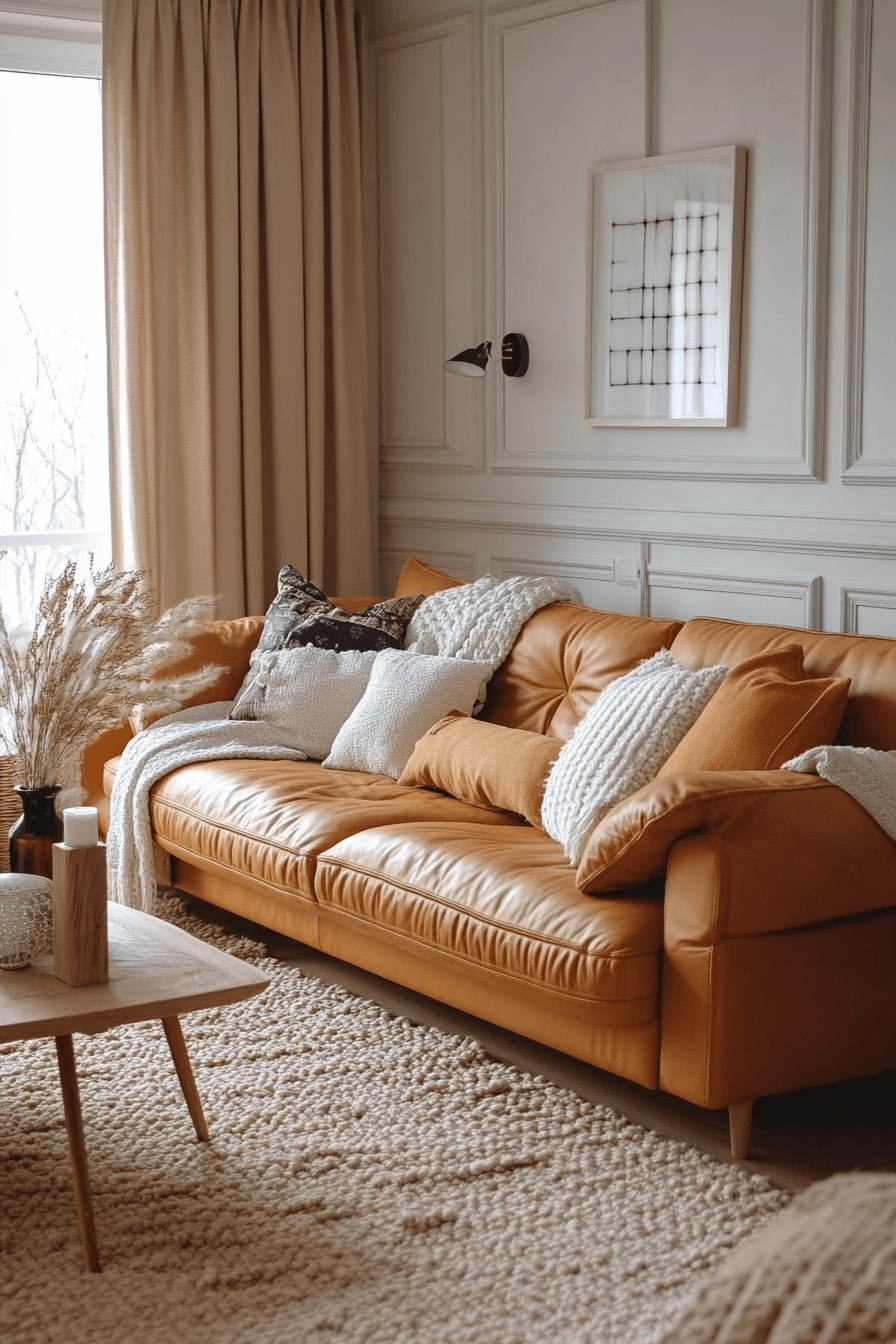cognac couch living room ideas
