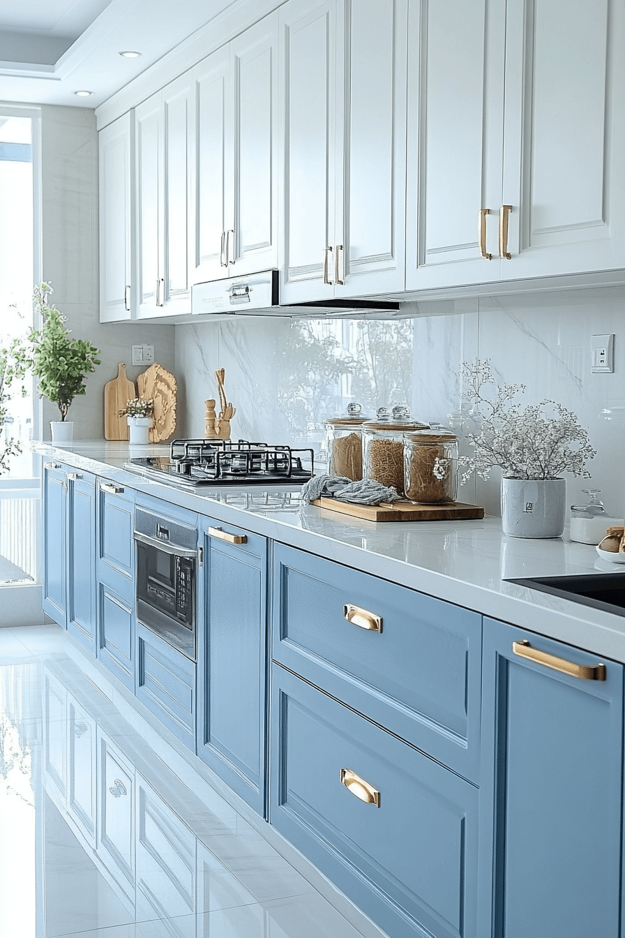blue and white kitchen cabinets