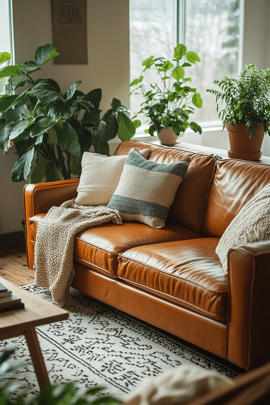 cognac couch living room ideas