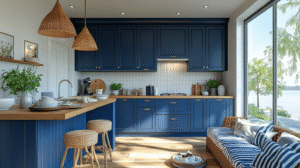 blue and white kitchen cabinets