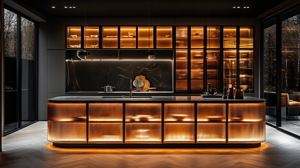 fluted glass kitchen cabinets