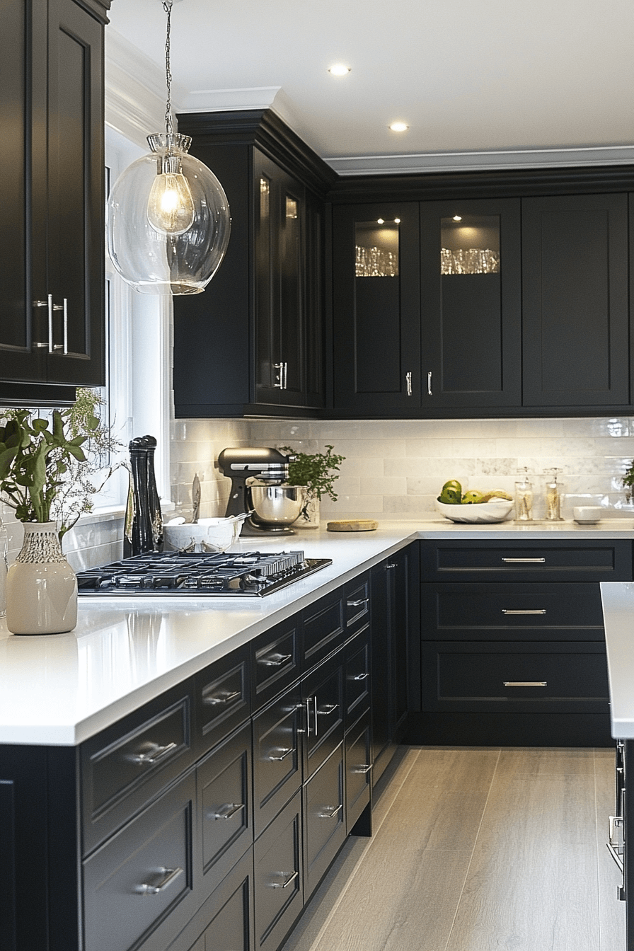 black cabinets white countertops