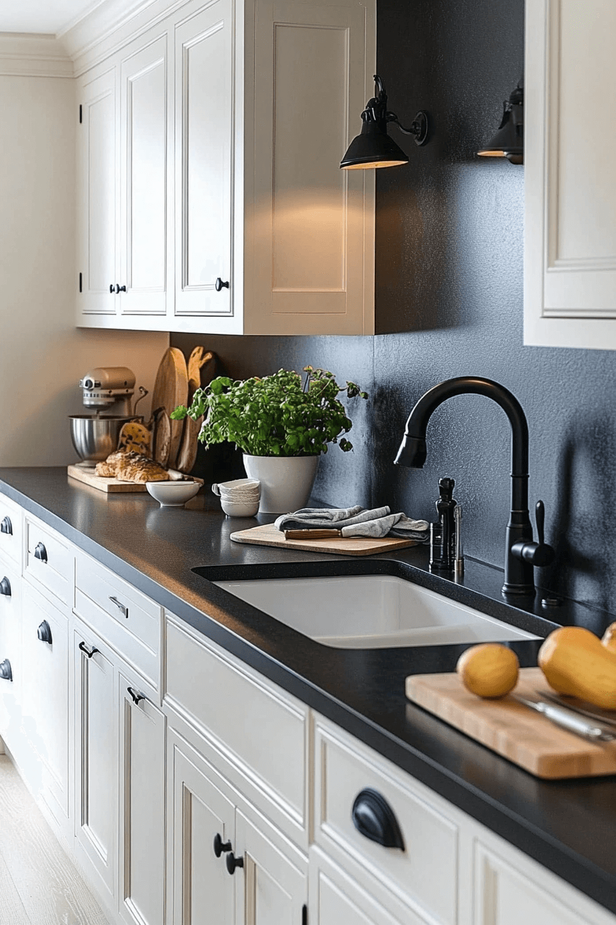 white cabinets black countertops