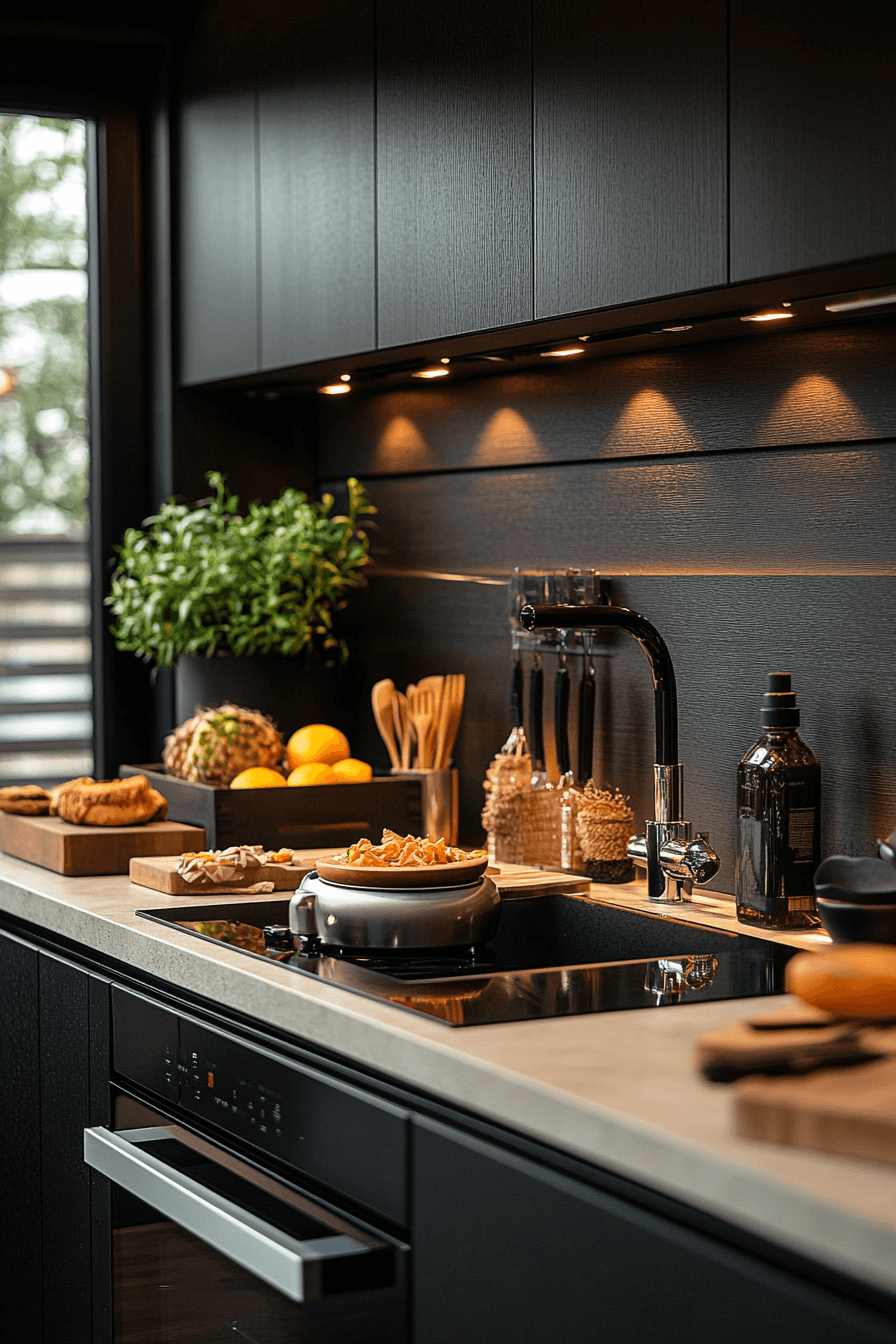 black cabinets white countertops