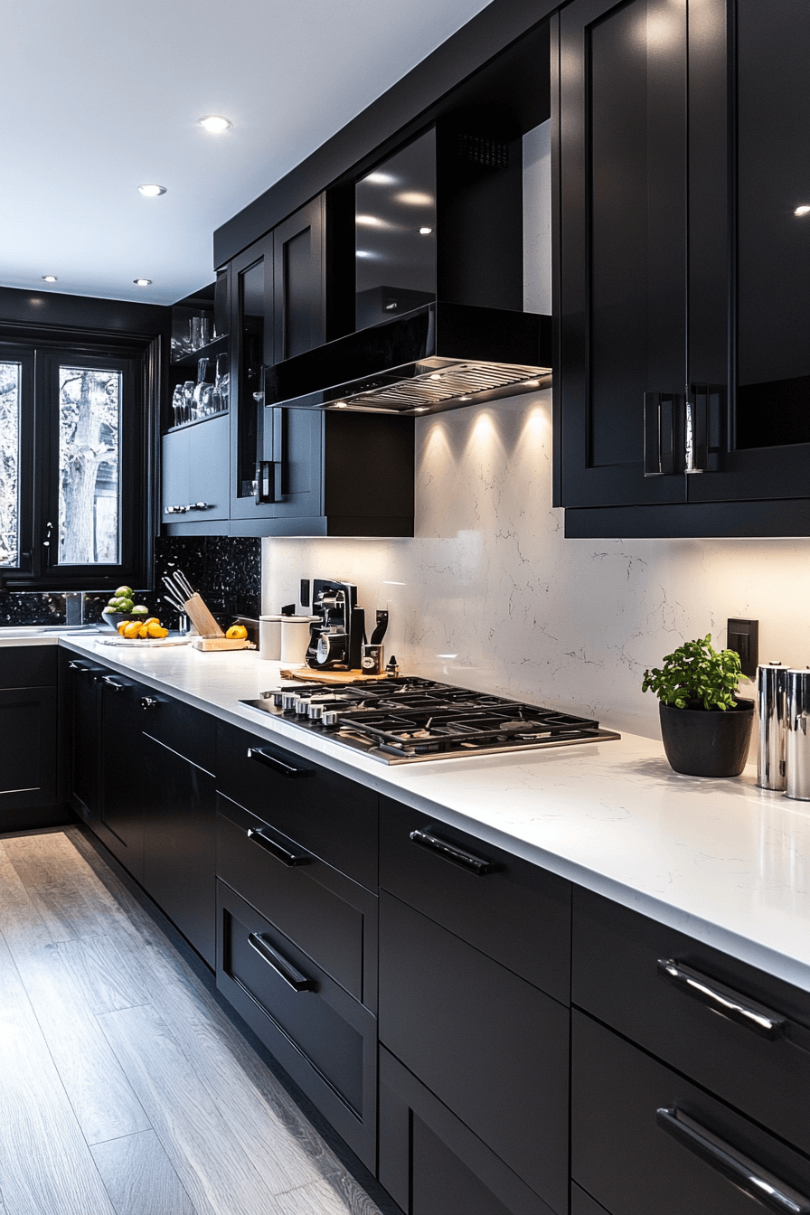 black cabinets white countertops