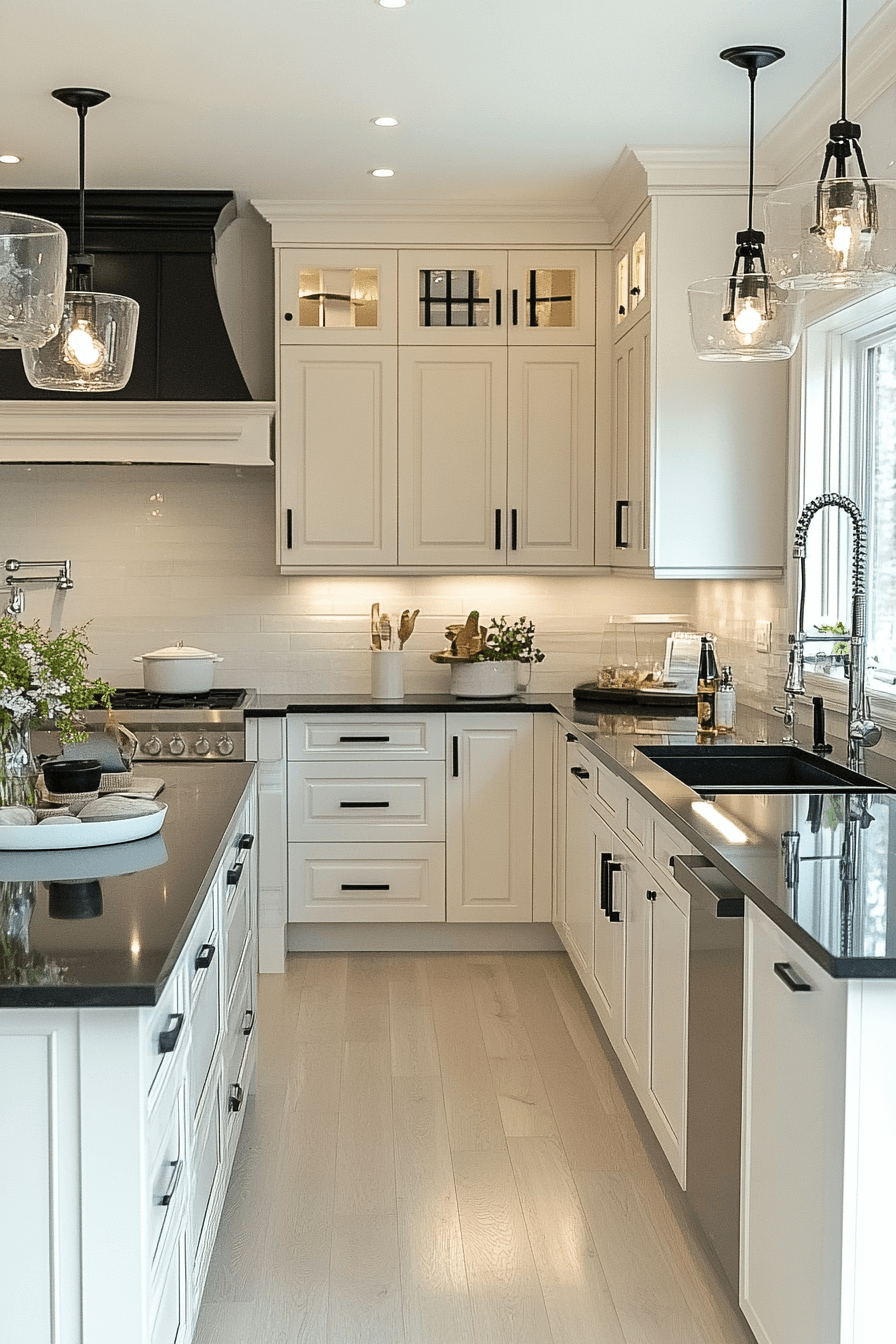 white cabinets black countertops