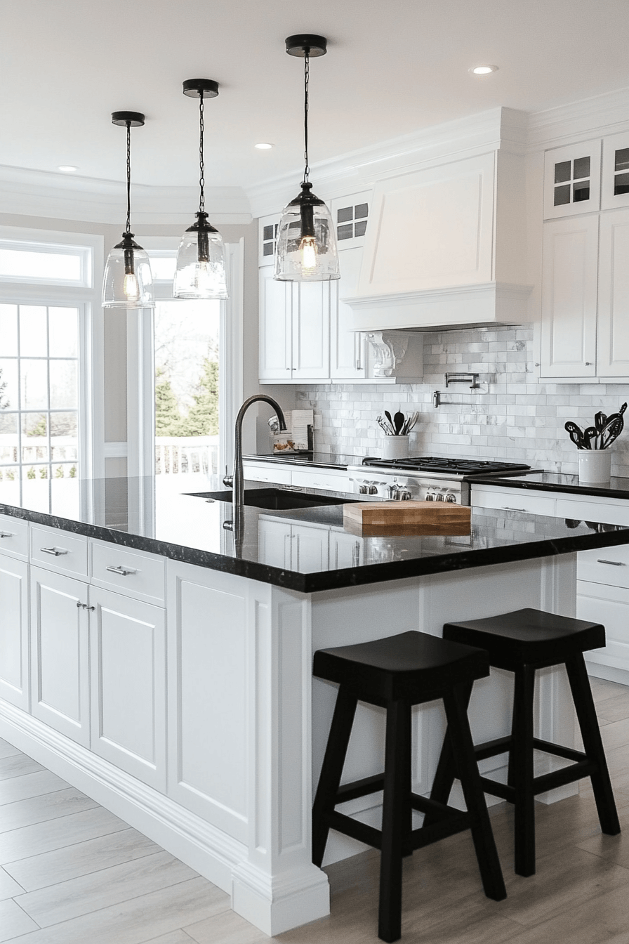 white cabinets black countertops