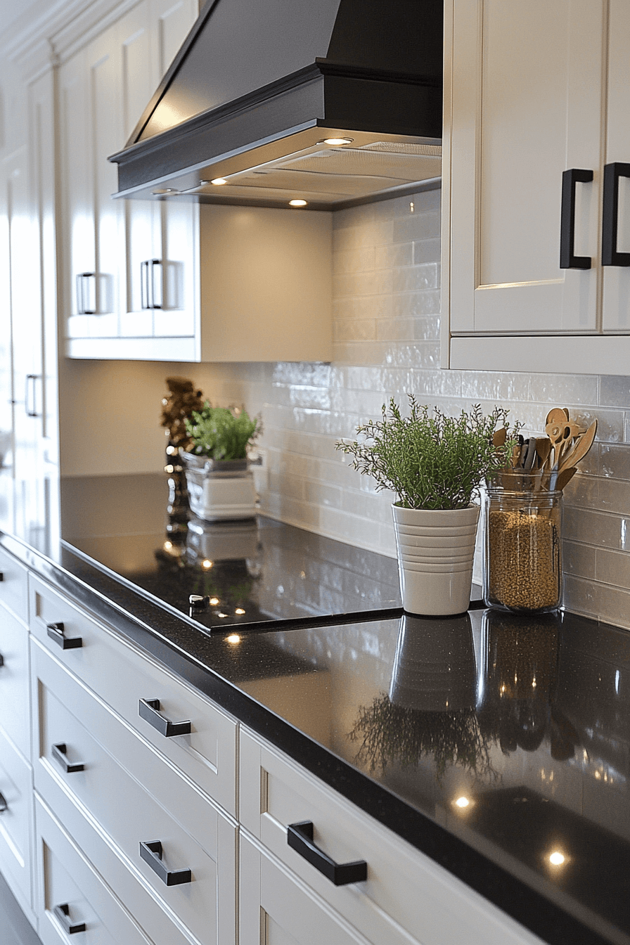 white cabinets black countertops