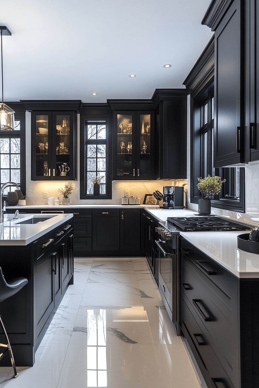 black cabinets white countertops
