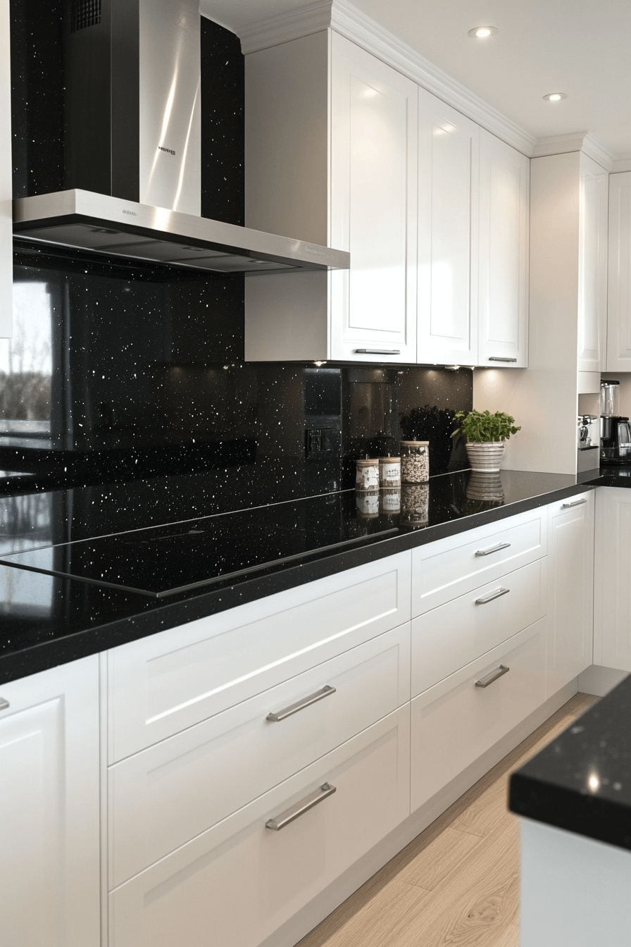 white cabinets black countertops