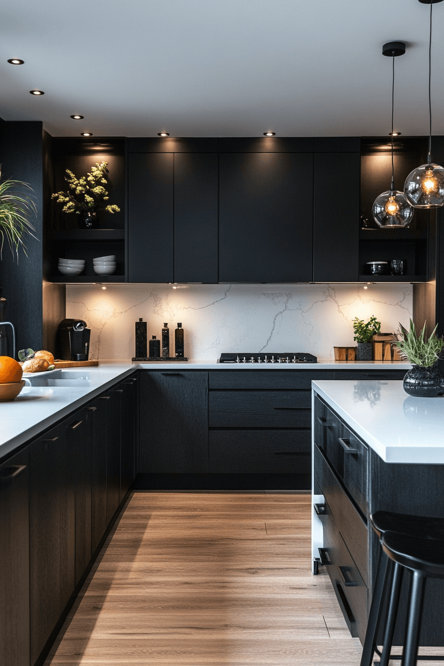 black cabinets white countertops