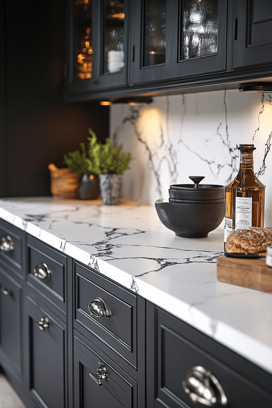 black cabinets white countertops