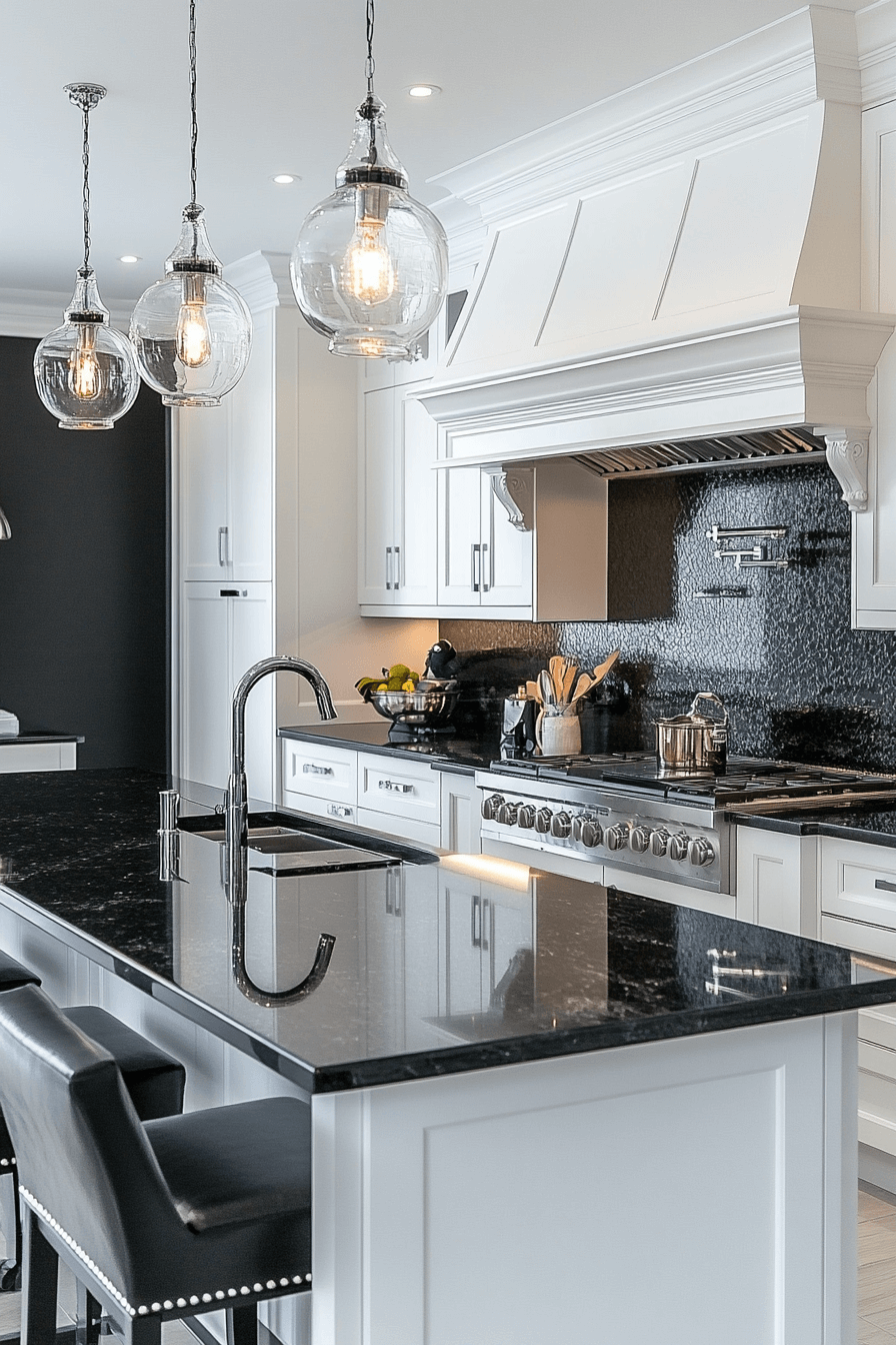white cabinets black countertops