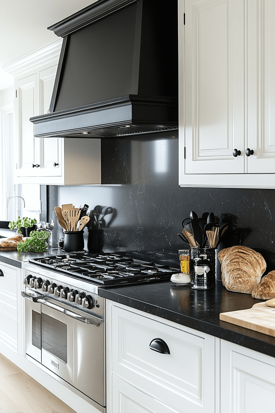 white cabinets black countertops