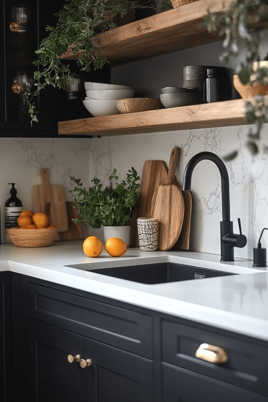 black cabinets white countertops